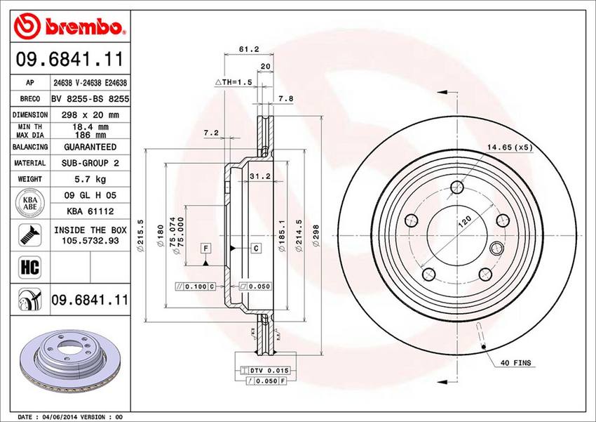 BMW Brembo Disc Brake Rotor - Rear (298mm) 34216767060